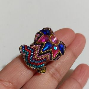 Gorgeous Colorful Crystal Paved Sterling Silver Ring Abstract Design Adjustable